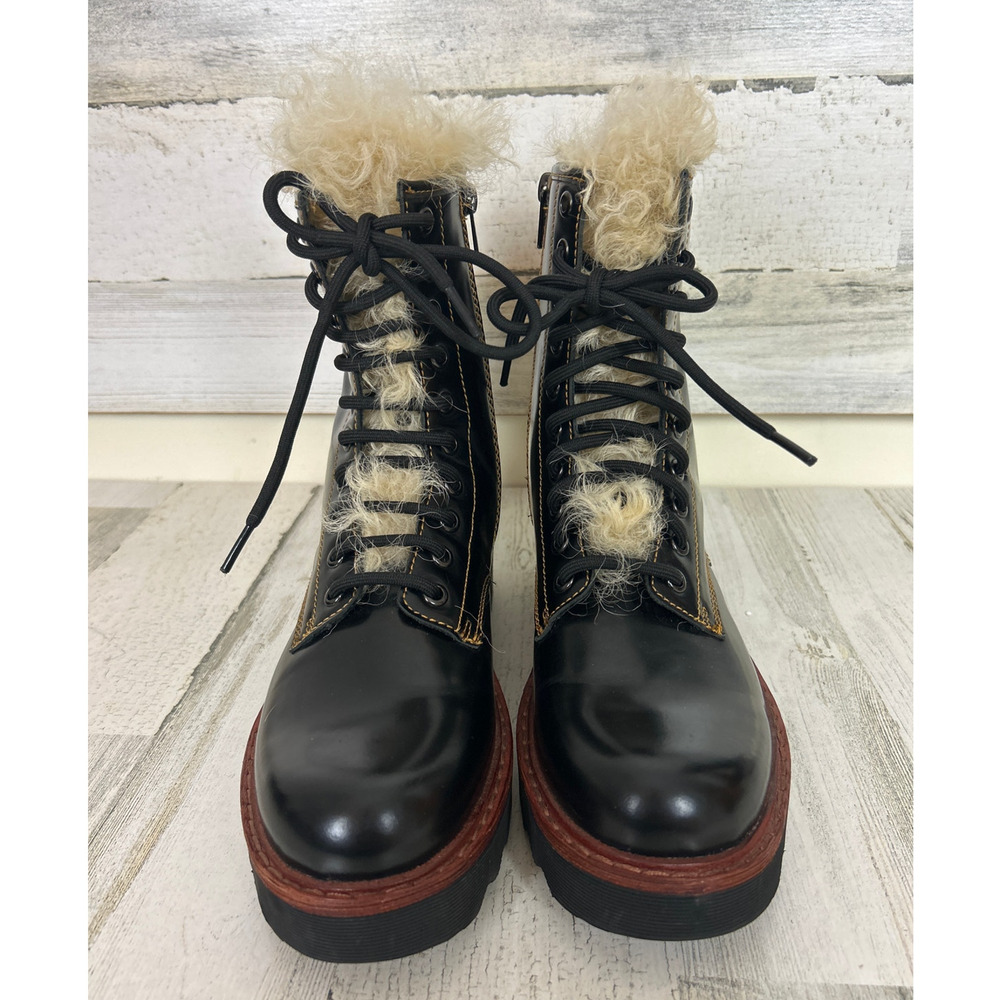 Coach Womens 7.5 Black Leather Moto Hiker Ankle Boots Shearling Platform NEW - Picture 4 of 10